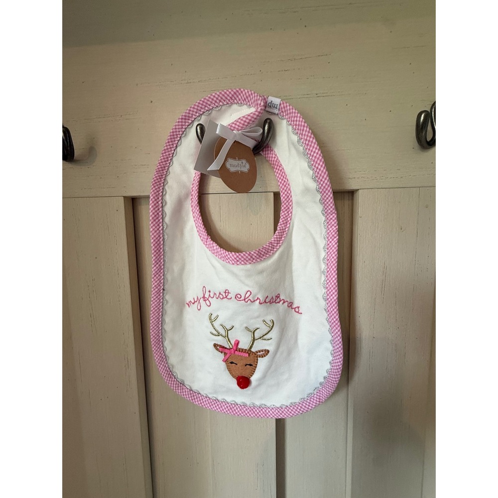 Mud Pie My First Christmas Reindeer Baby Bib Pink Gingham Minky Dot NWT